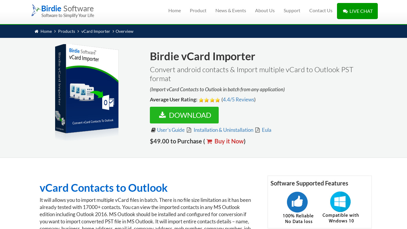 Birdie vCard Importer Landing page
