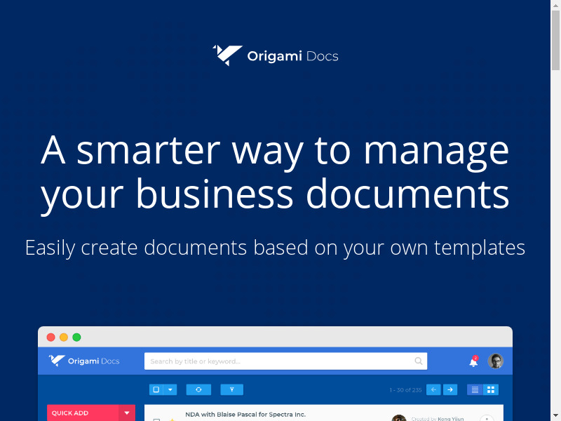 Origami Docs Landing page
