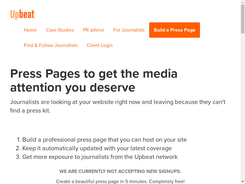 Press Pages by Upbeat Landing page