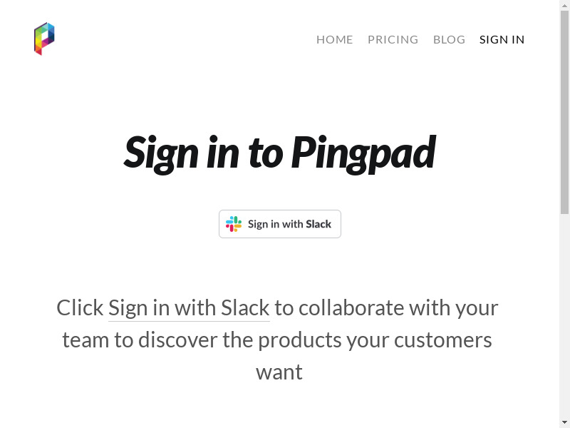 Pingpad for Slack Landing page