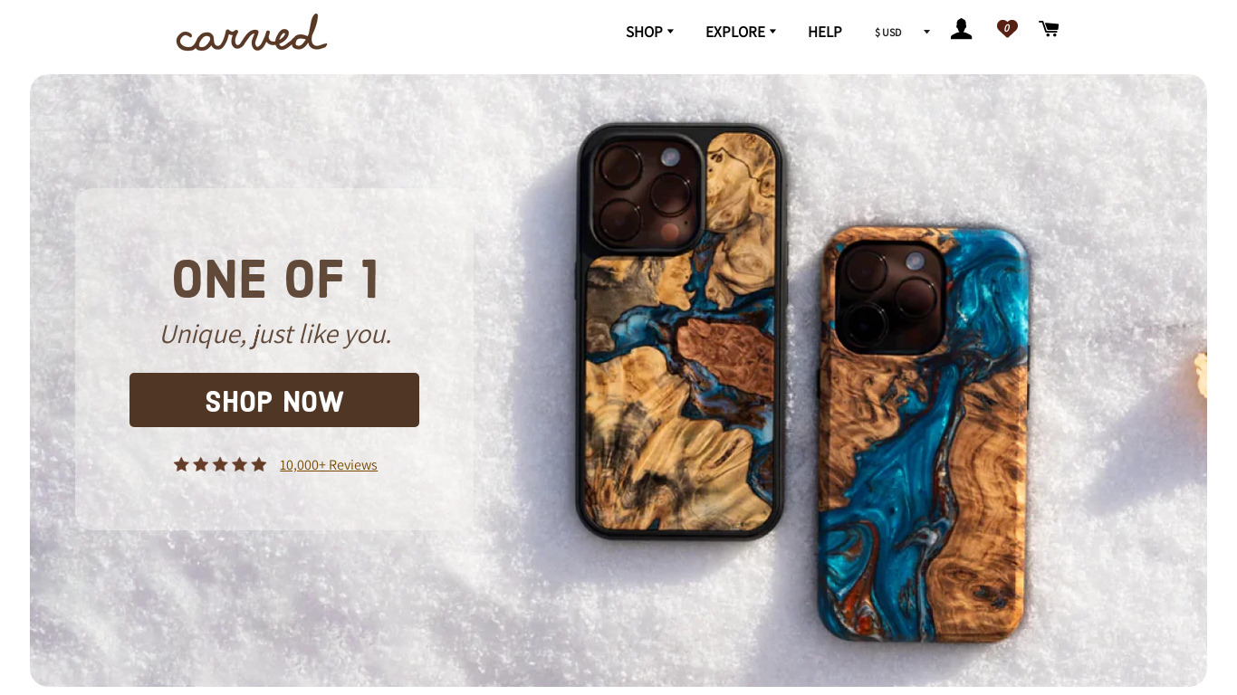 Carved: Handmade wood phone cases Landing page