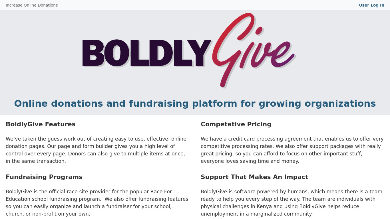 Boldly Give Landing page
