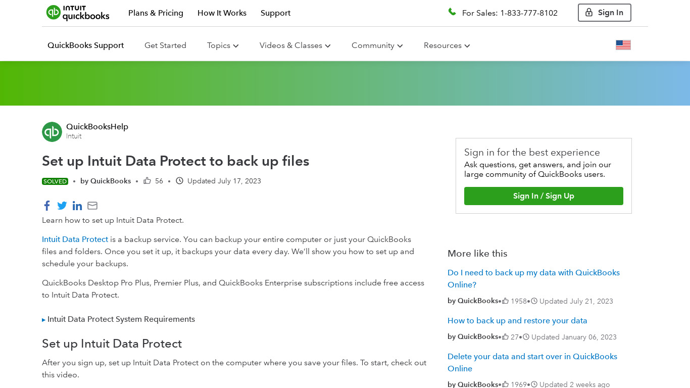 Intuit Data Protect for QuickBooks Landing page
