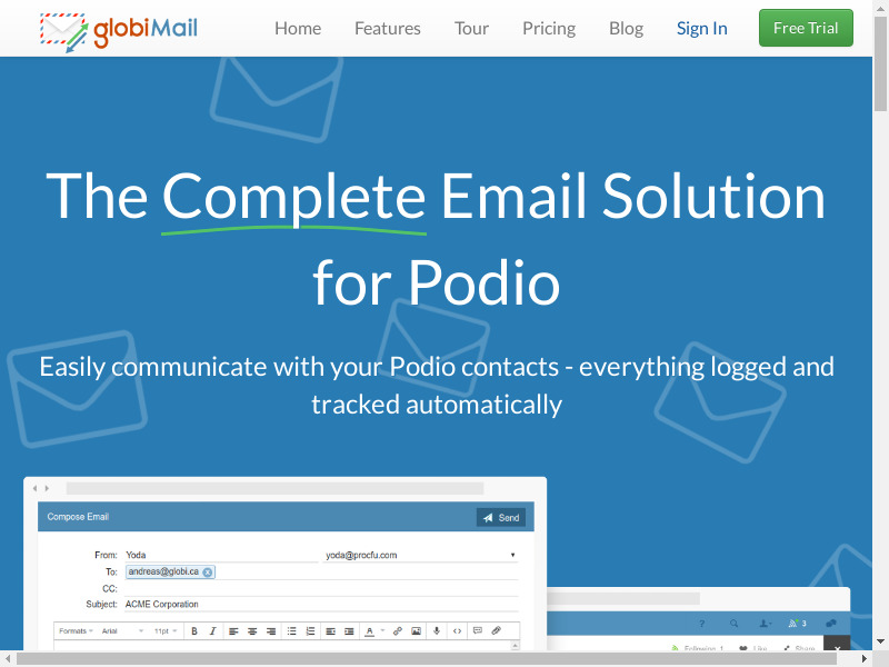 GlobiMail for Podio Landing page