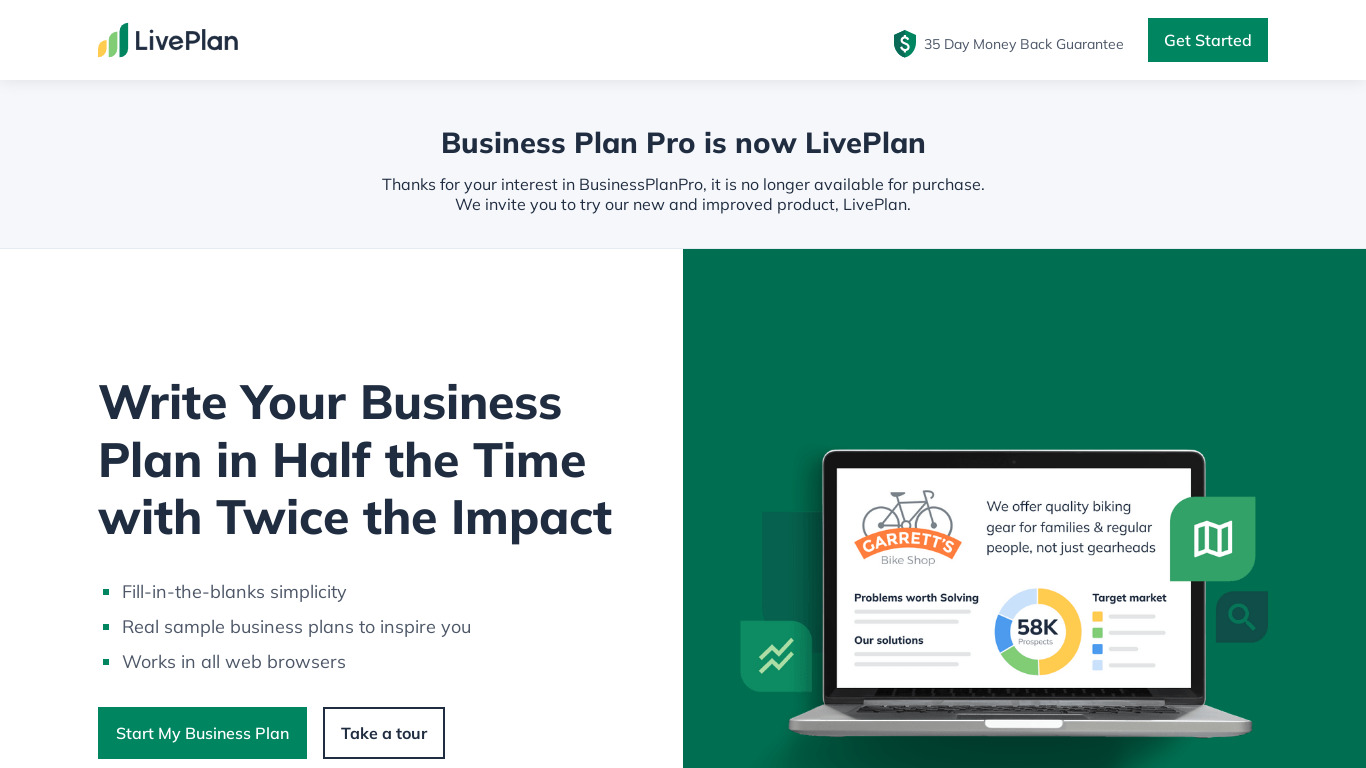 Business Plan Pro Premier Landing page