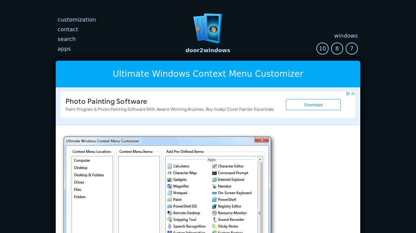Ultimate Windows Context Menu Customizer Landing page