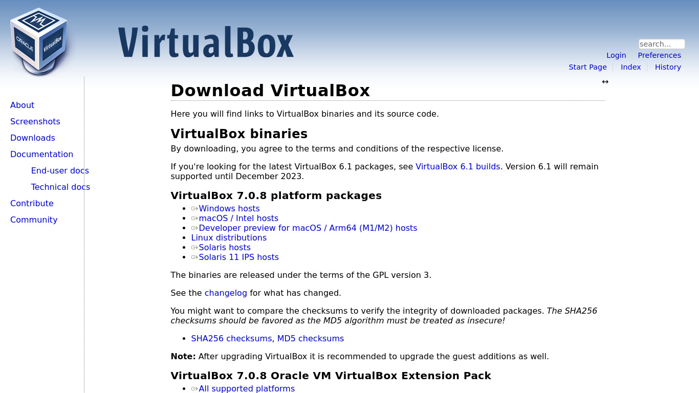 Oracle VM VirtualBox Landing page
