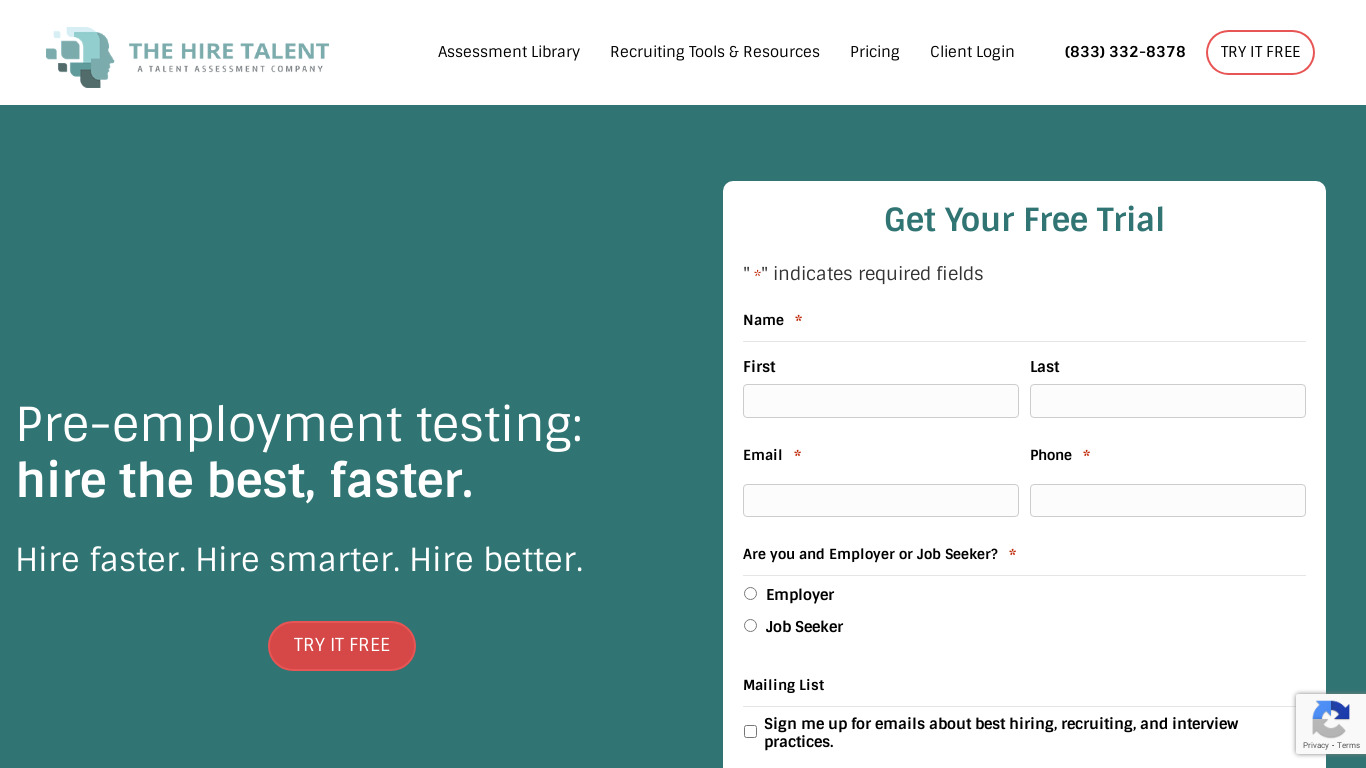 The Hire Talent Landing page