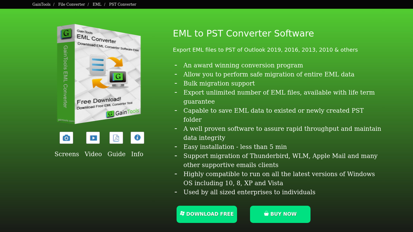 GainTools EML to PST Converter Landing page