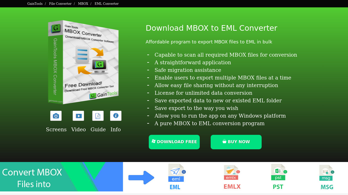 GainTools MBOX to EML Converter Landing page