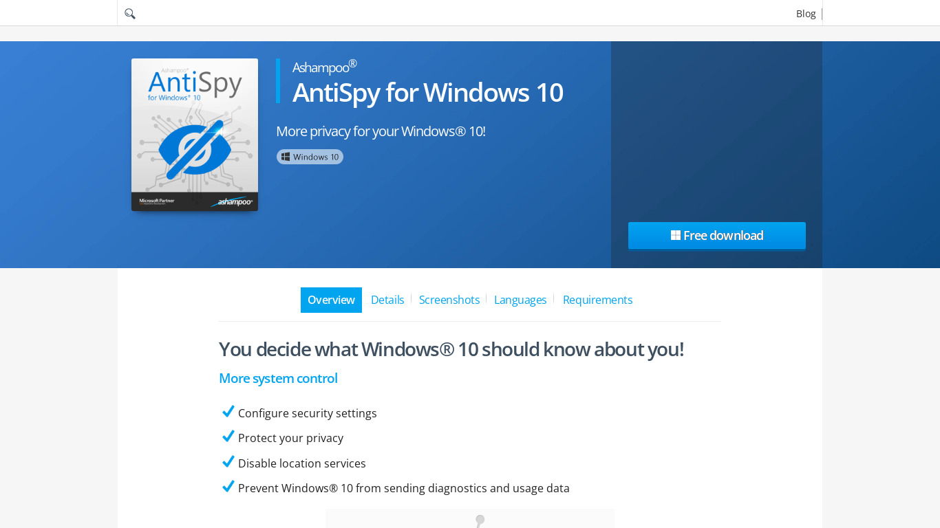 Ashampoo AntiSpy for Windows 10 Landing page