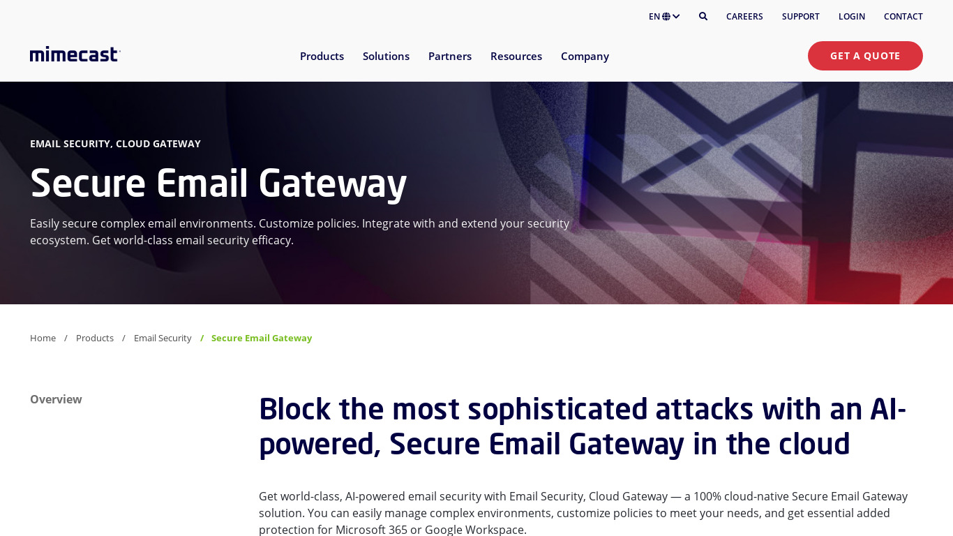Mimecast Secure Email Gateway Landing page