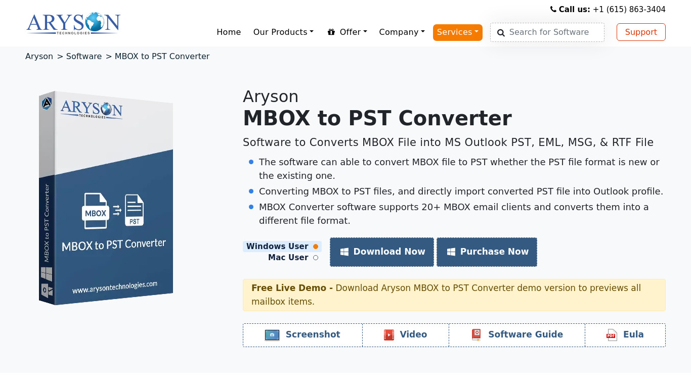 Aryson MBOX to PST Converter Landing page