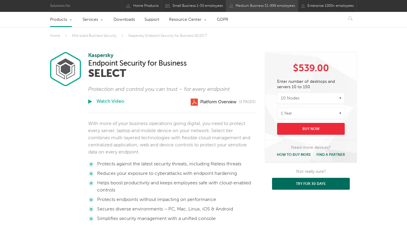 Kaspersky Endpoint Security Landing page