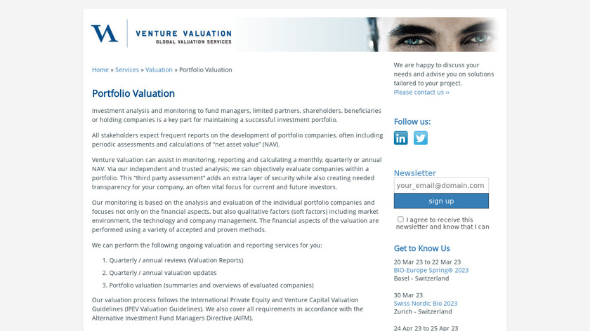 venturevaluation.com Portfolio Valuation Landing Page