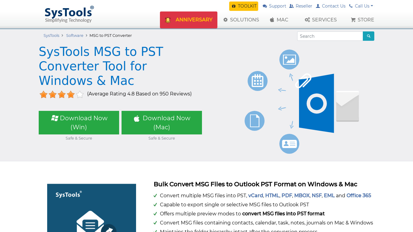 SysTools MSG to PST Converter Landing page