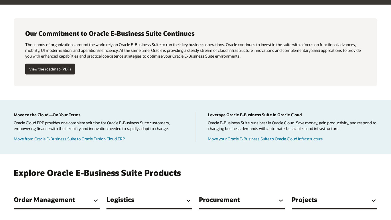 Oracle eBusiness Suite Landing page