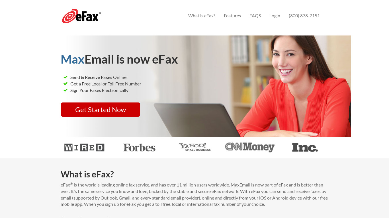 efax.com Maxemail Landing page