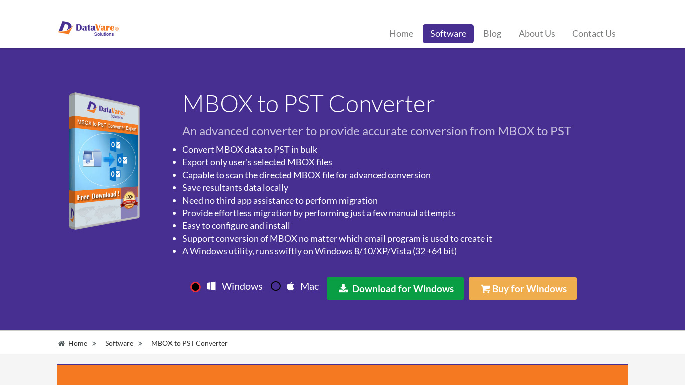DataVare MBOX to PST Converter Landing page