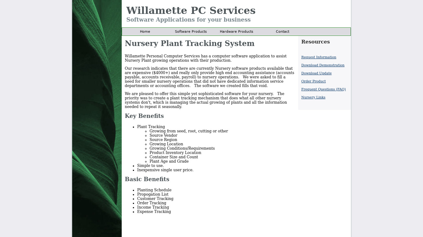 Willamette Nursery Plant Tracking System Landing page