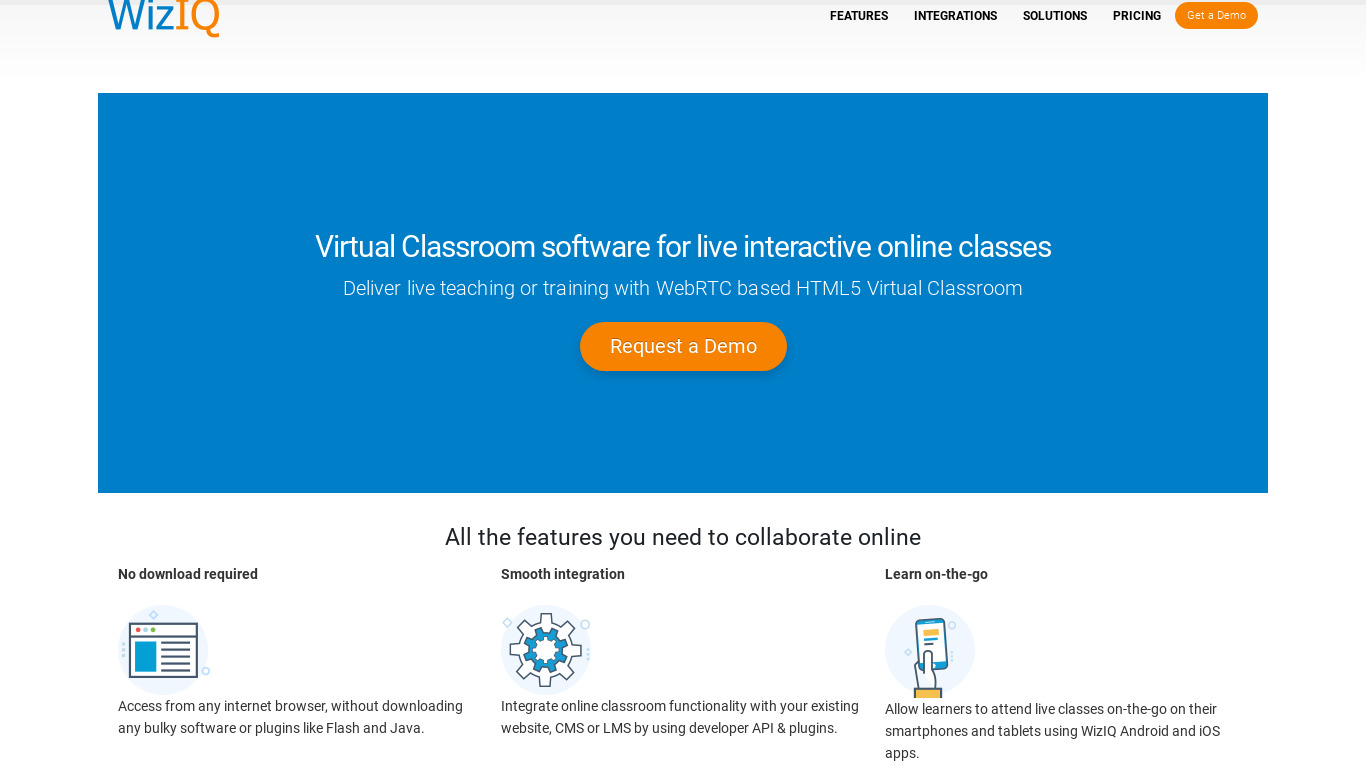 WizIQ Virtual Classroom Landing page