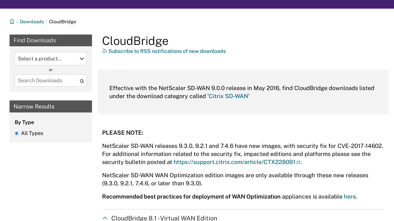 Citrix CloudBridge Landing page
