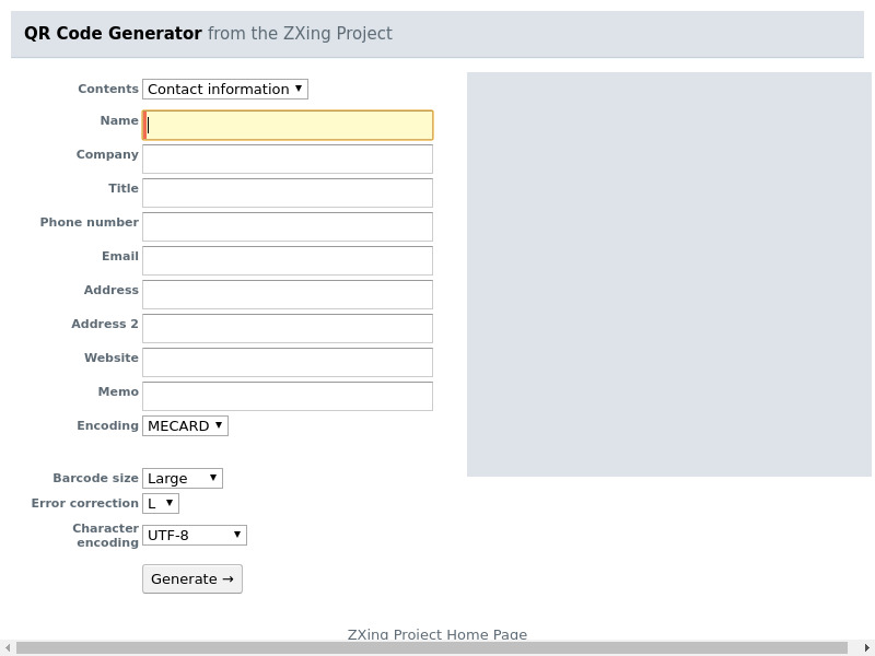 ZXing Project QR Code Generator Landing page