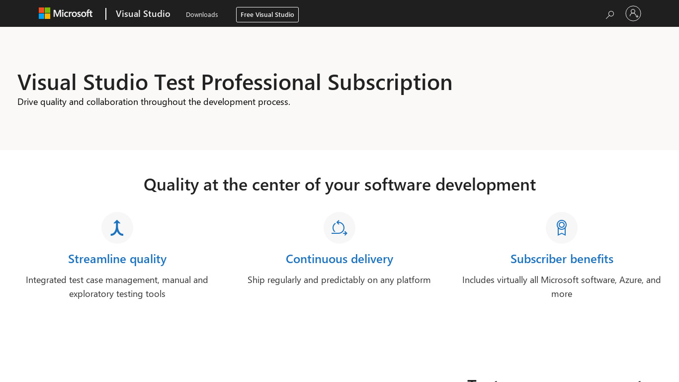 Visual Studio Test Professional Landing page