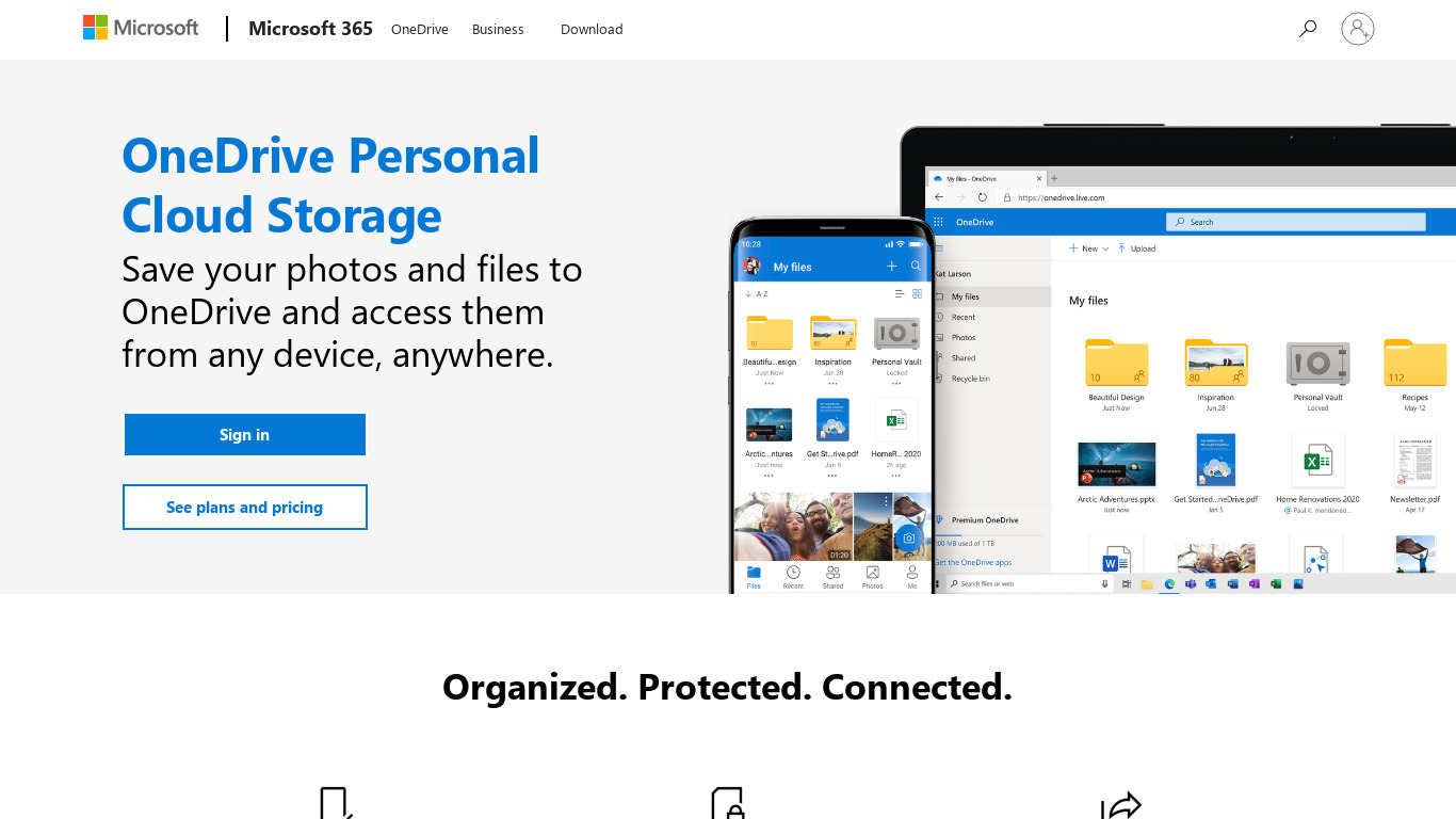 Microsoft OneDrive Landing page