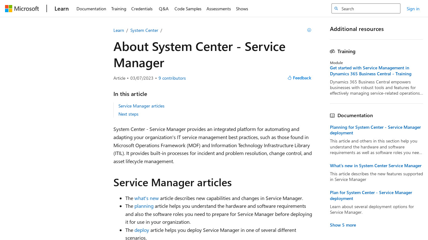 Microsoft System Center Service Manager Landing page