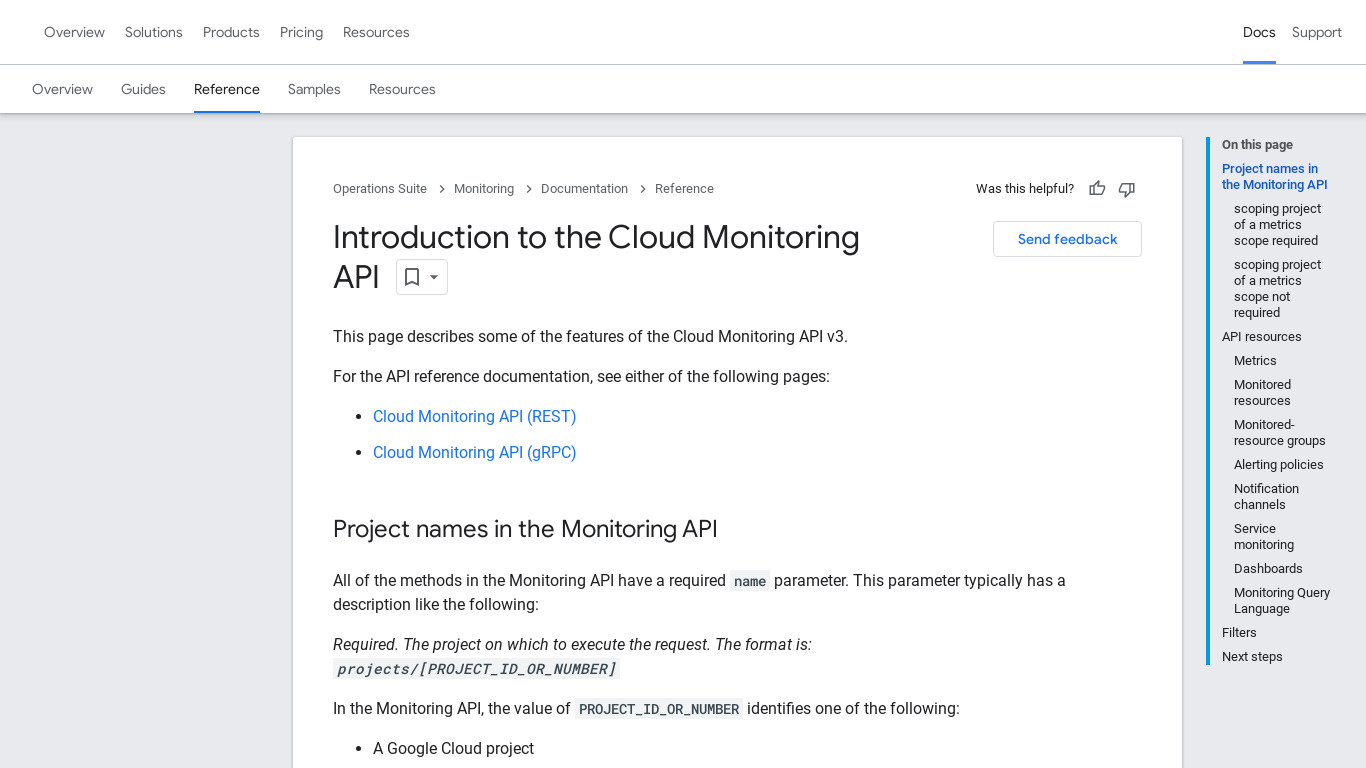 Google Cloud Monitoring API Landing page