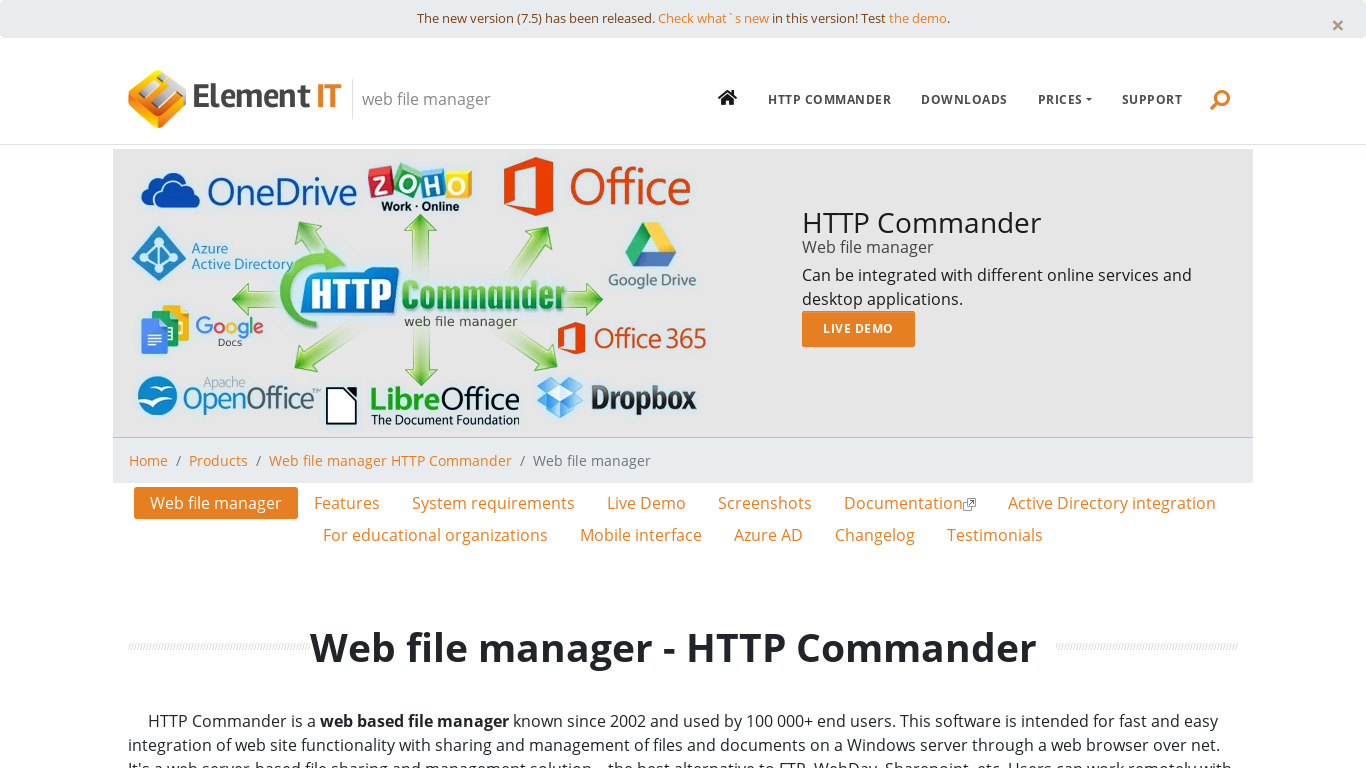 HTTP Commander Landing page