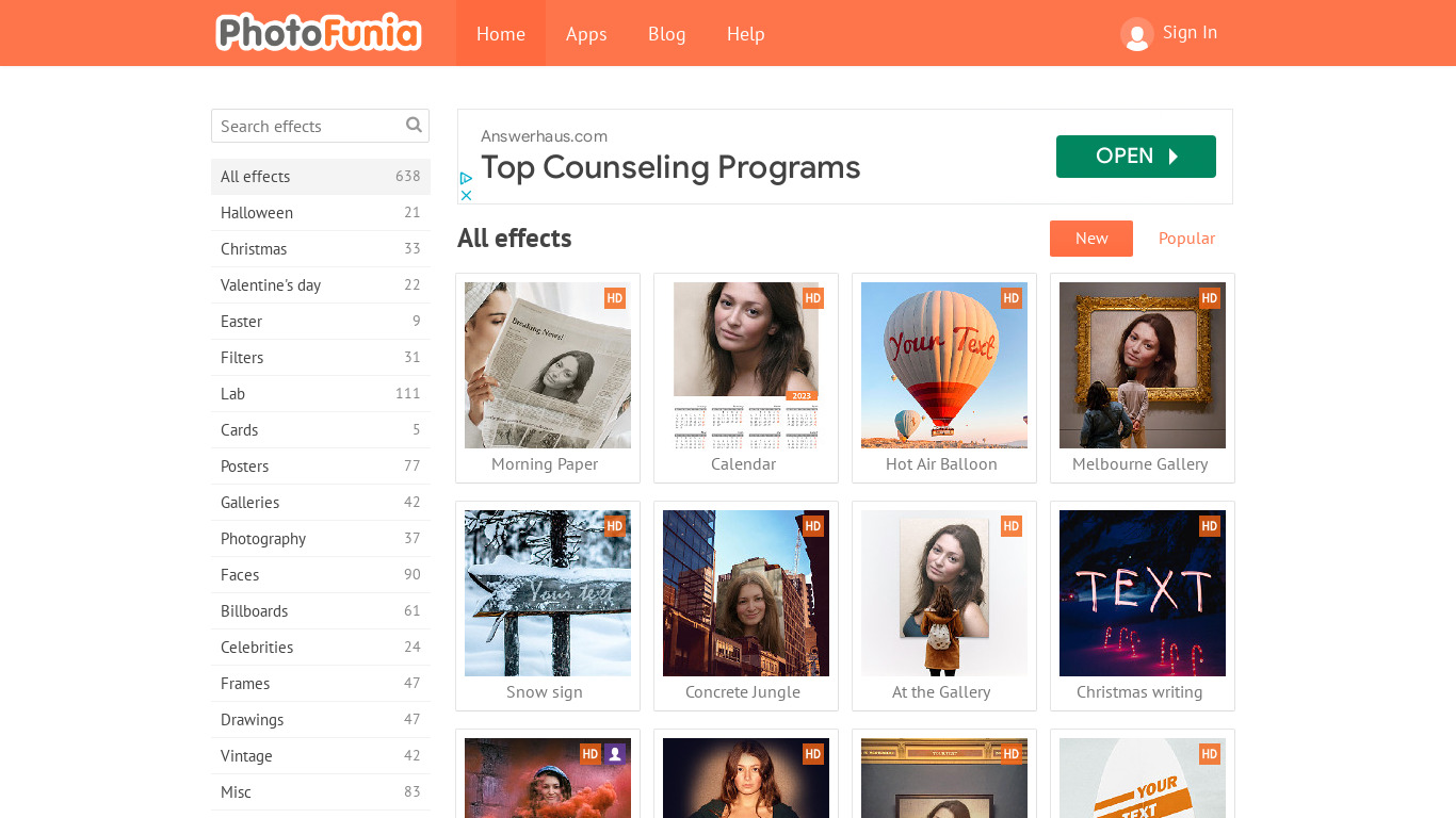 PhotoFunia Landing page