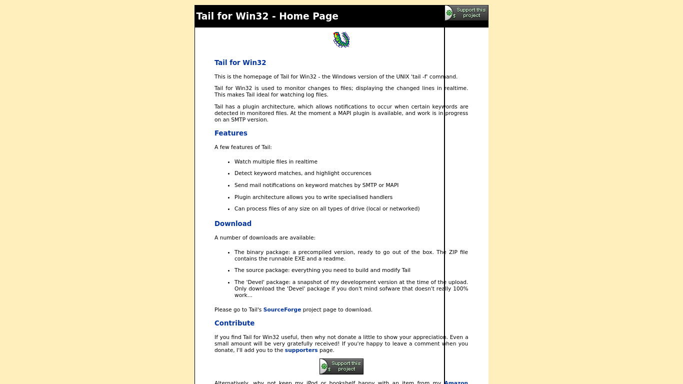 Tail for Win32 Landing page