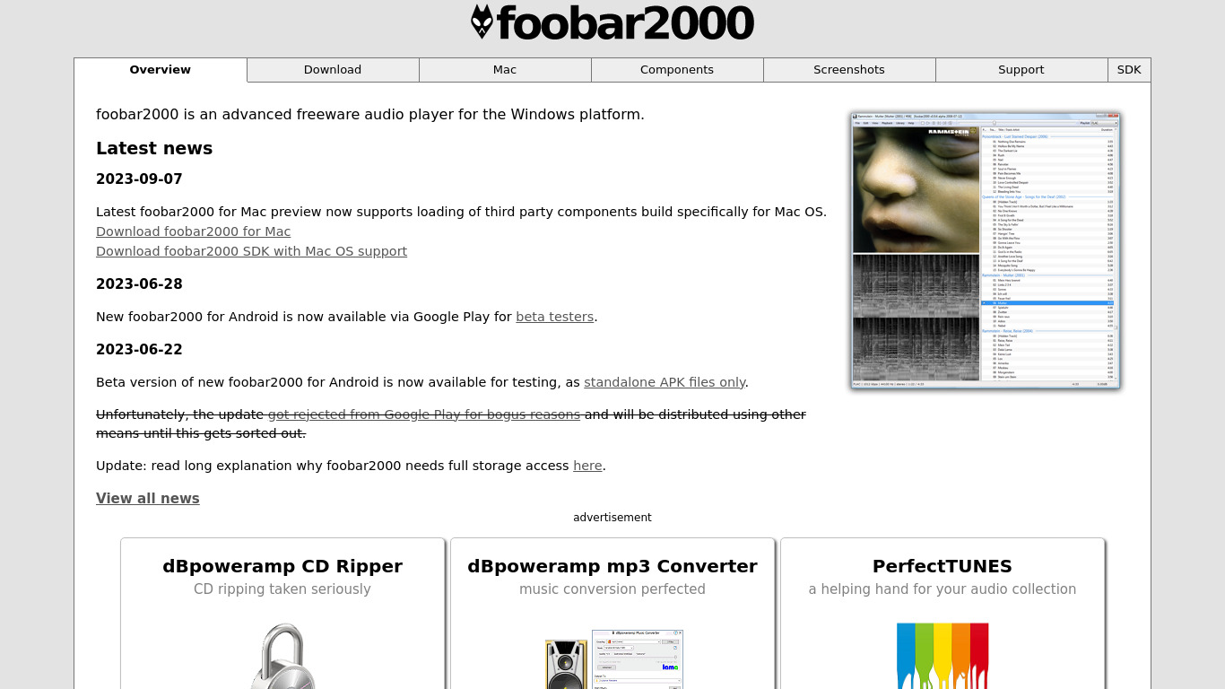 foobar2000 Landing page