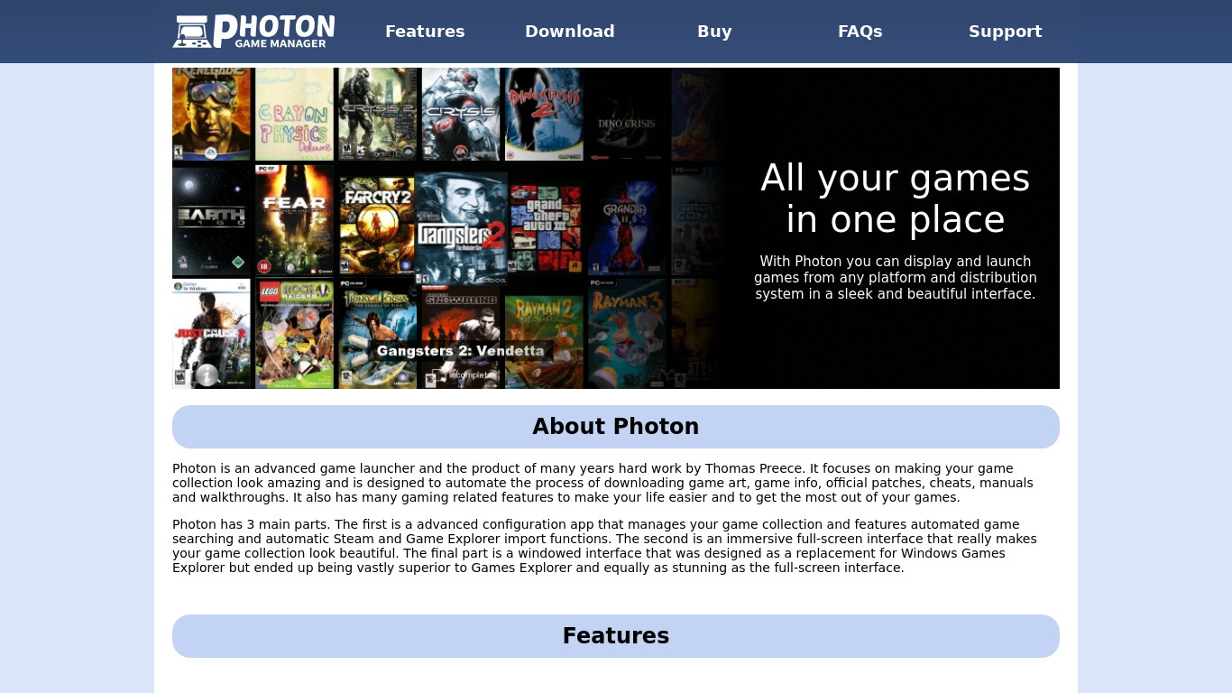 Photon Game Manager Landing page