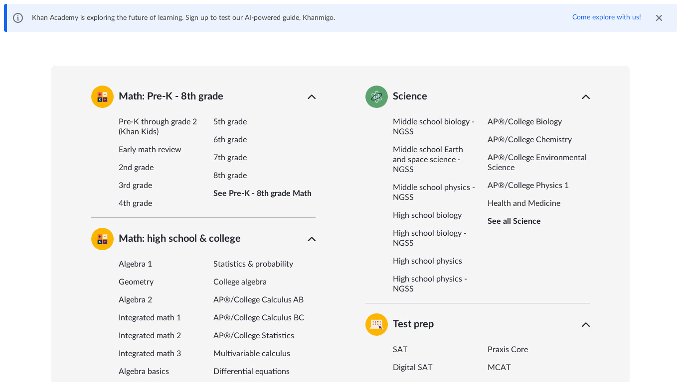 Khan Academy Landing page