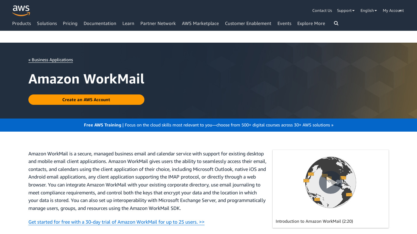 Amazon WorkMail Landing page