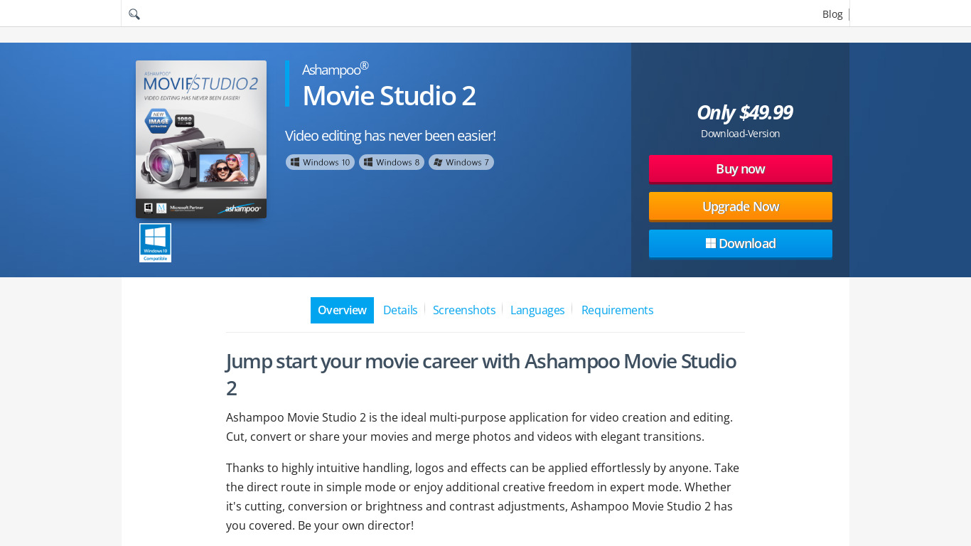 Ashampoo Movie Studio Landing page