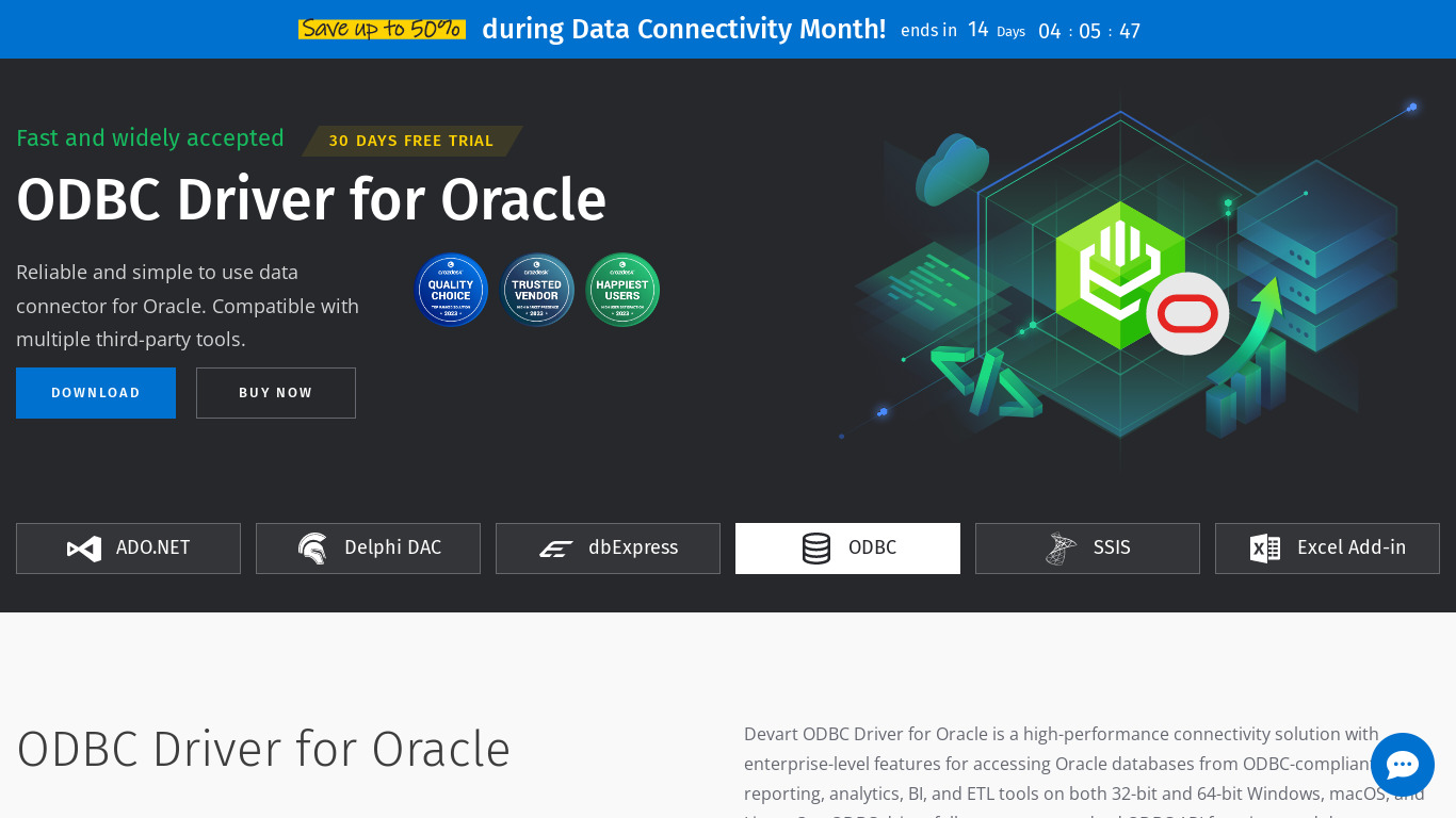 Devart ODBC Driver for Oracle Landing page