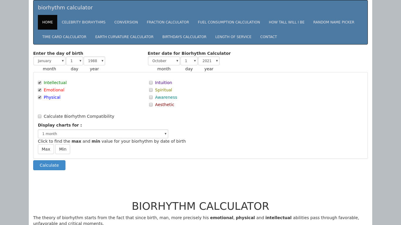 Biorhythms Calculator Landing page