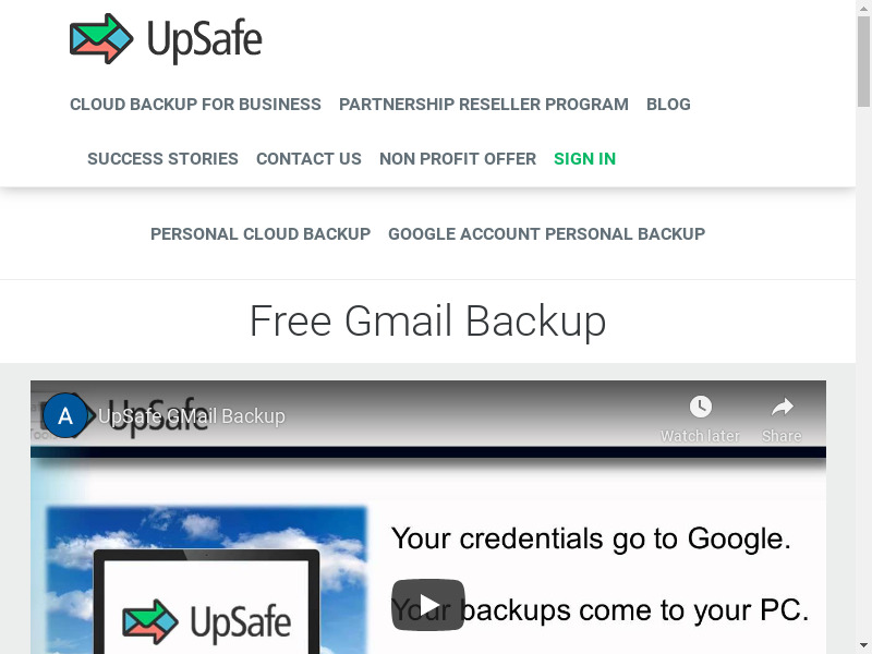 Upsafe Free Gmail Backup Landing page