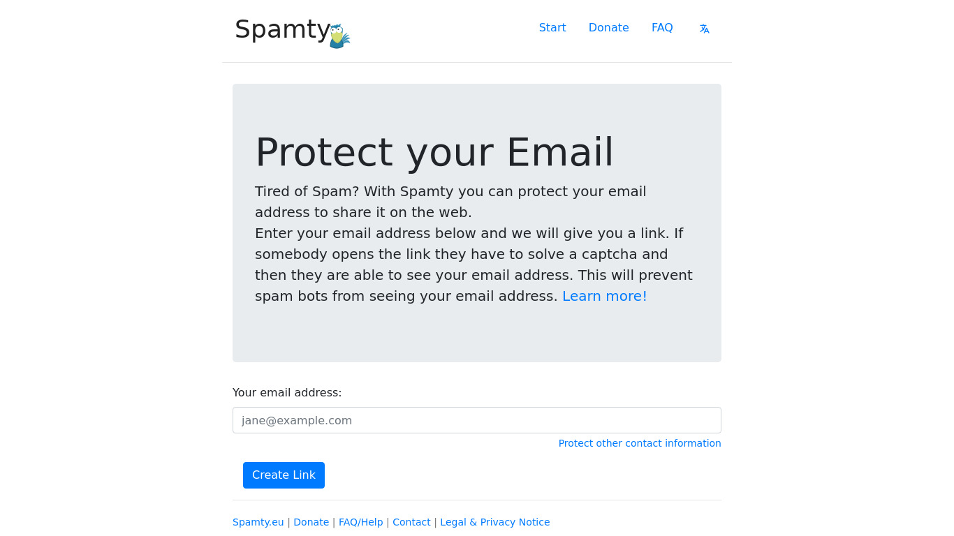 Spamty Landing page