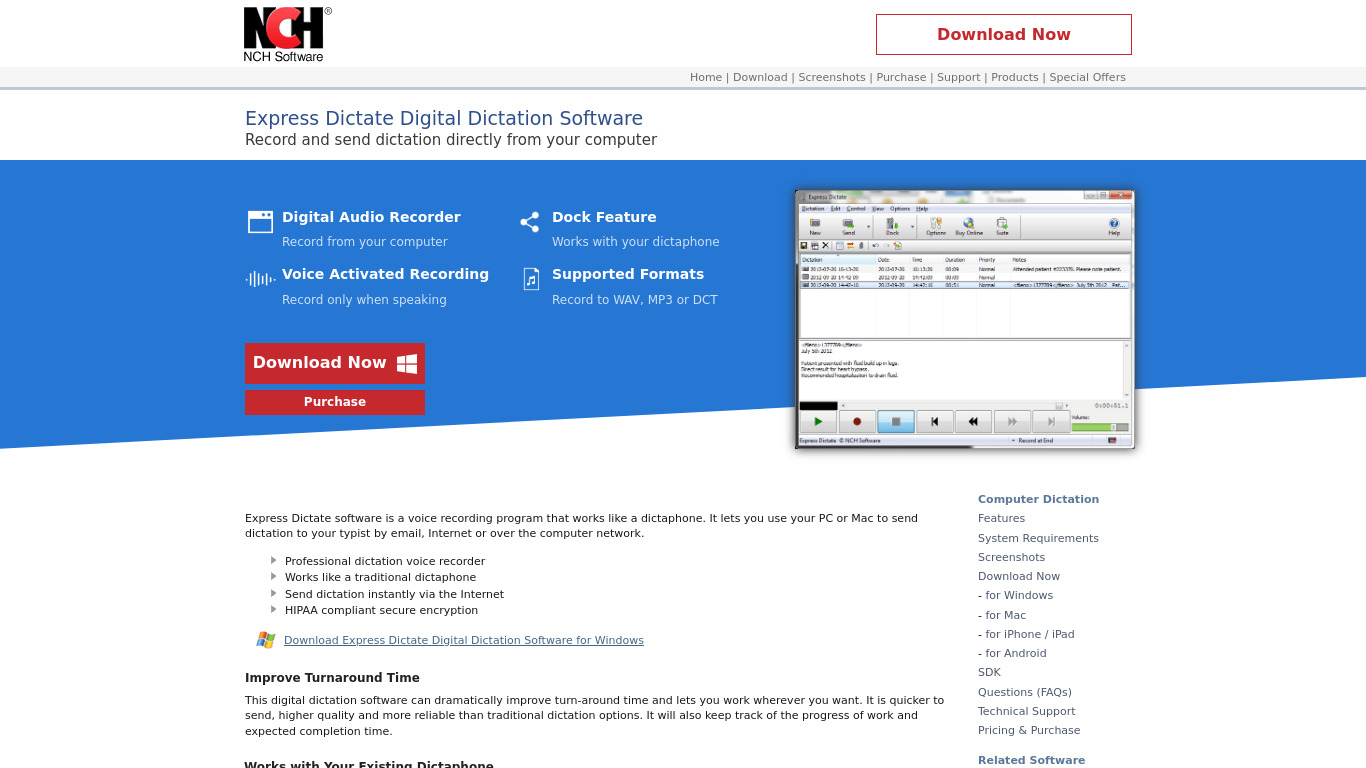Express Dictate Digital Dictation Software Landing page