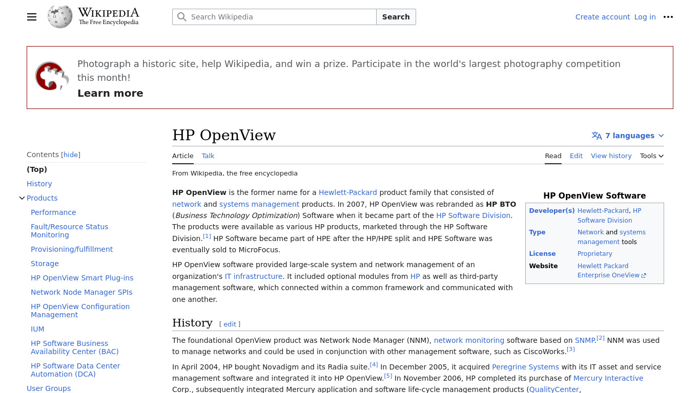 HP OpenView Landing page