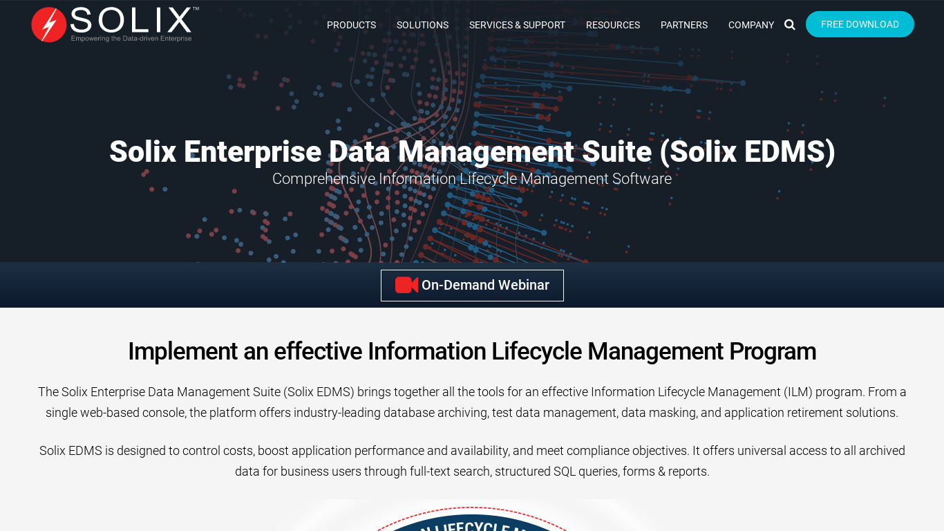 Solix Enterprise Data Management Suite Landing page