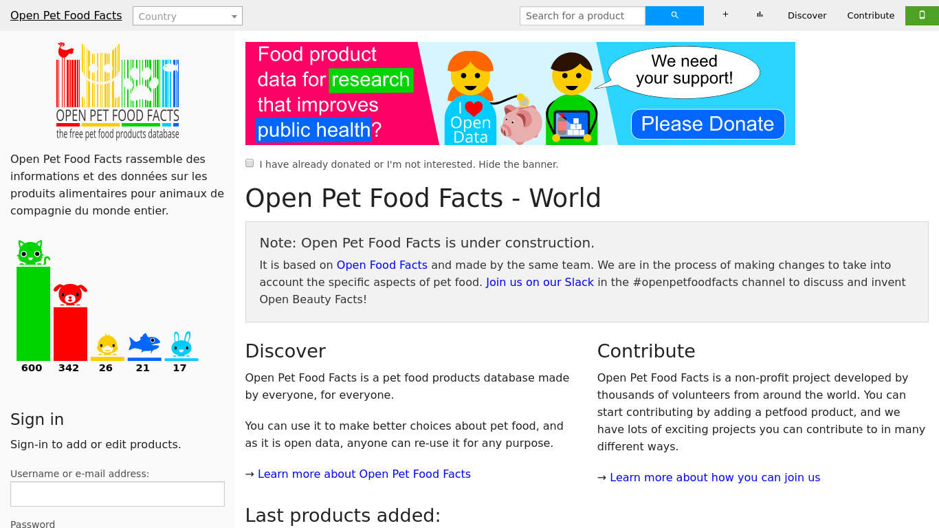 Open Pet Food Facts Landing page