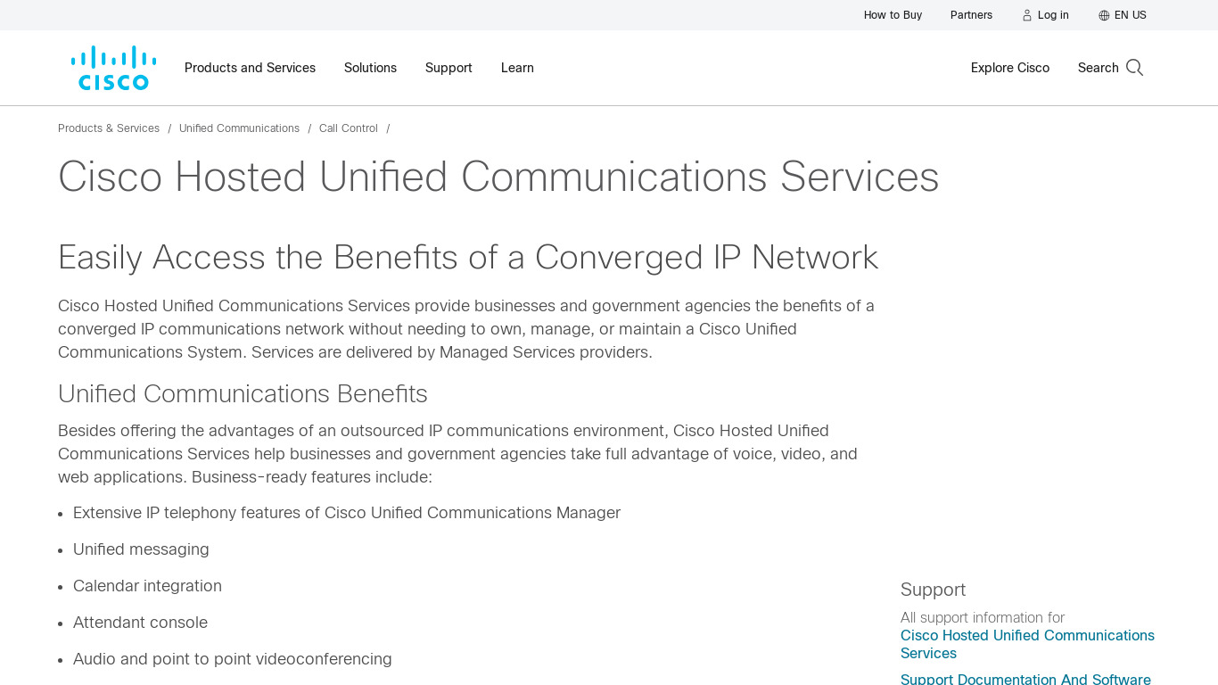 Cisco Hosted Unified Communications Services Landing page