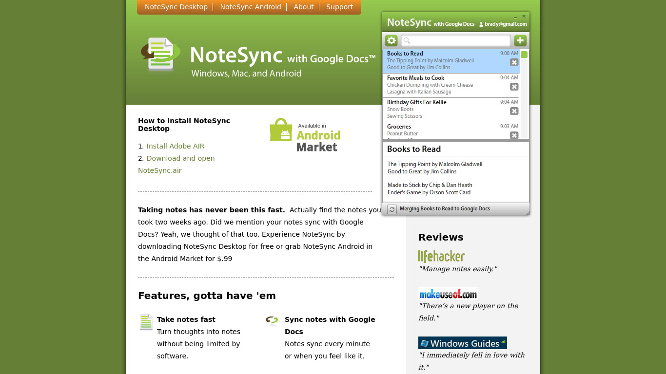 NoteSync with Google Docs Landing page