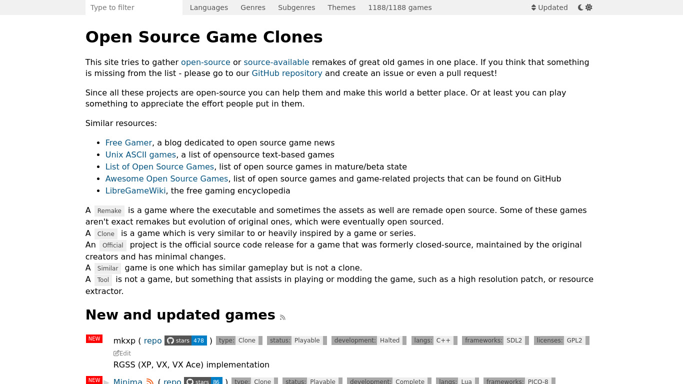 Open Source Game Clones Landing page